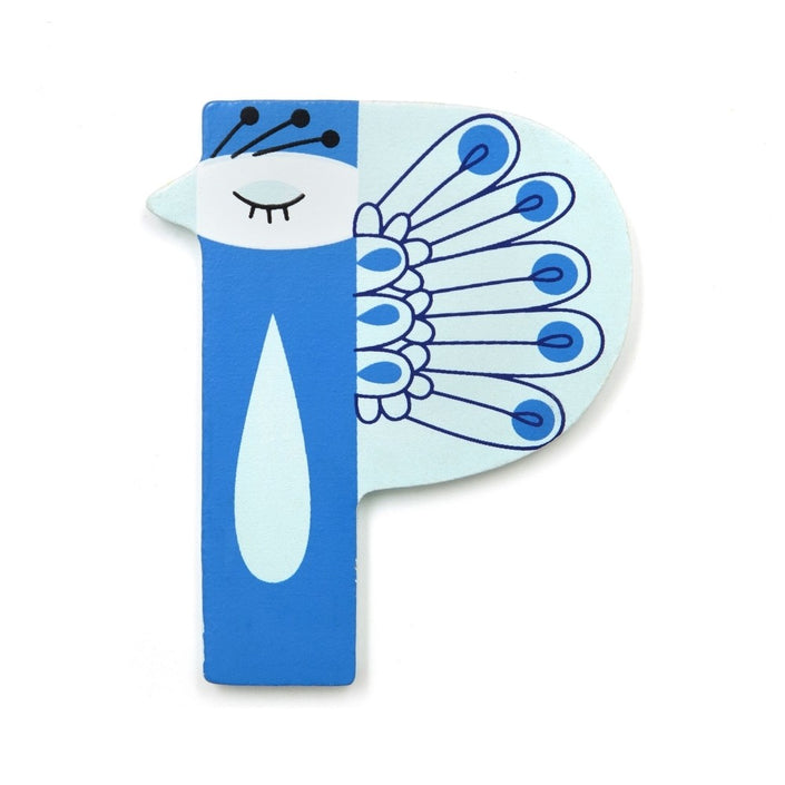 Wooden letter P - peacock