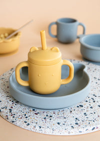 Silicone straw cup with handles ochre