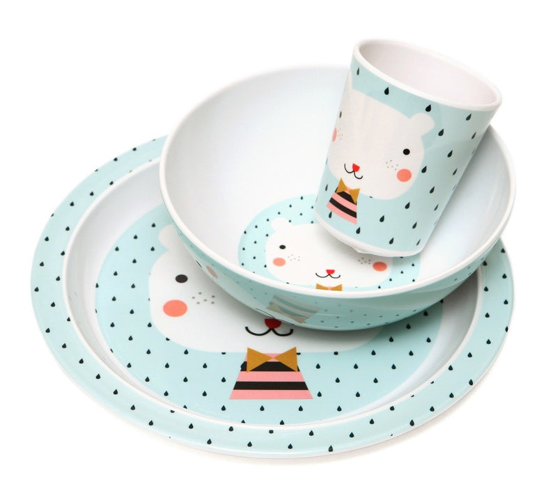 Melamine plate bear drops blue border